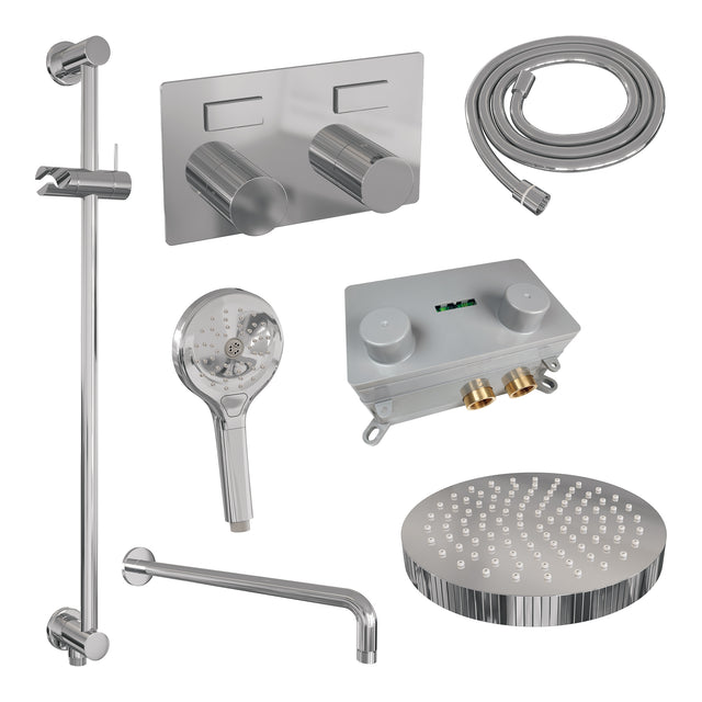 BRAUER Stripe thermostatische inbouw regendouche met drukknoppen SET 35 met 25 cm douchekop en gebogen muurarm en 3-standen handdouche en doucheslang en geïntegreerde glijstang chroom 5-CE-433