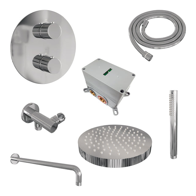 BRAUER Stripe thermostatische inbouw regendouche 3-weg rond SET 38 met 25 cm douchekop en gebogen muurarm en staaf handdouche en doucheslang en wandaansluitbocht chroom 5-CE-439