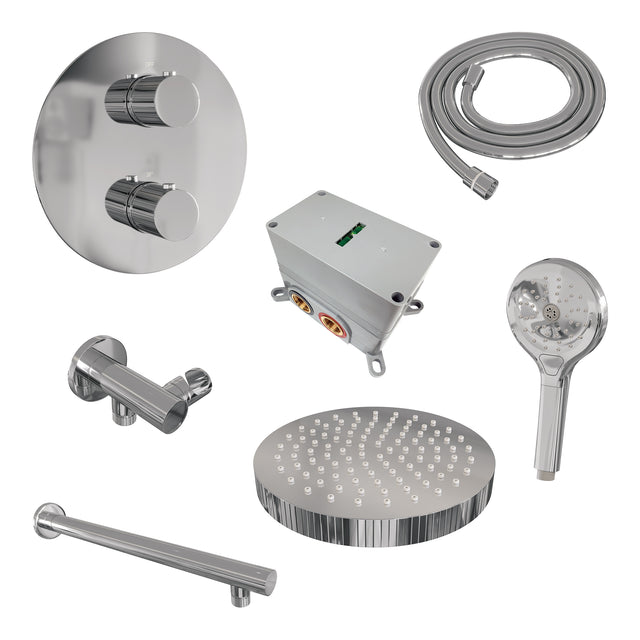 BRAUER Stripe thermostatische inbouw regendouche 3-weg rond SET 40 met 25 cm douchekop en rechte muurarm en 3-standen handdouche en doucheslang en wandaansluitbocht chroom 5-CE-443