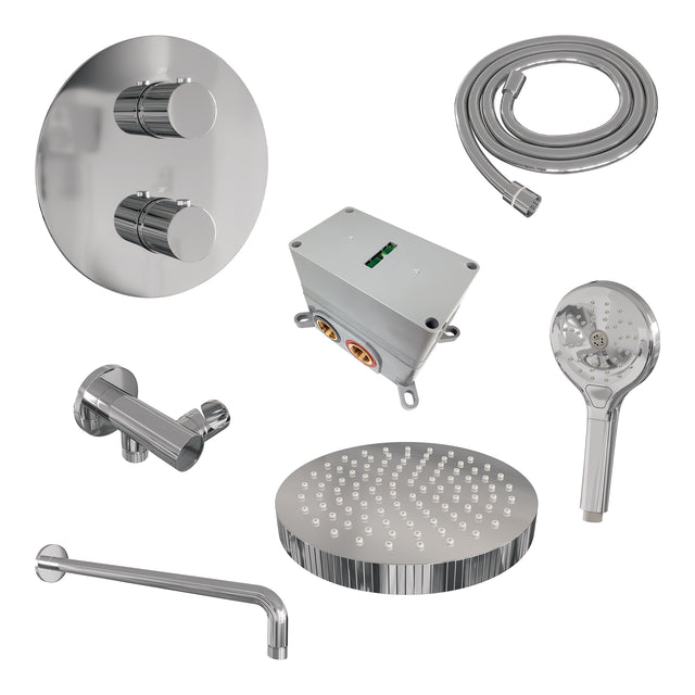 BRAUER Stripe thermostatische inbouw regendouche 3-weg rond SET 41 met 25 cm douchekop en gebogen muurarm en 3-standen handdouche en doucheslang en wandaansluitbocht chroom 5-CE-445