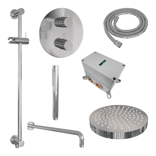 BRAUER Stripe thermostatische inbouw regendouche 3-weg rond SET 44 met 25 cm douchekop en gebogen muurarm en staaf handdouche en doucheslang en geïntegreerde glijstang chroom 5-CE-451