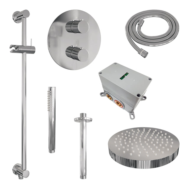 BRAUER Stripe thermostatische inbouw regendouche 3-weg rond SET 45 met 25 cm douchekop en plafondarm en staaf handdouche en doucheslang en geïntegreerde glijstang chroom 5-CE-453