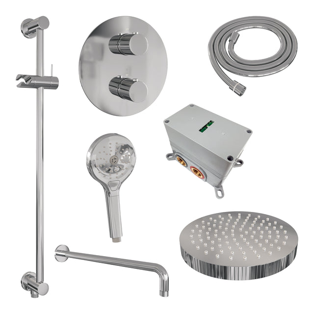 BRAUER Stripe thermostatische inbouw regendouche 3-weg rond SET 47 met 25 cm douchekop en gebogen muurarm en 3-standen handdouche en doucheslang en geïntegreerde glijstang chroom 5-CE-457