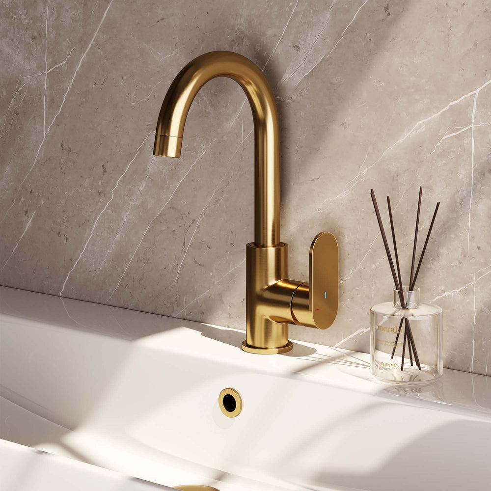 BRAUER Gold Edition hoge opbouw wastafelmengkraan met draaibare ronde uitloop model C goud geborsteld PVD