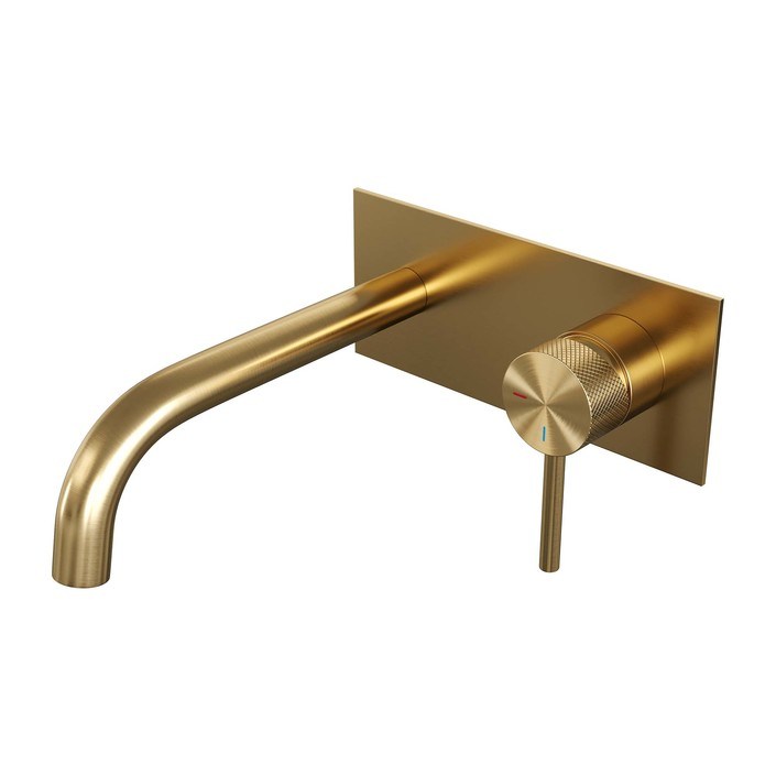 BRAUER Gold Carving inbouw wastafelmengkraan met gebogen uitloop en afdekplaat model A1 goud geborsteld PVD 5-GG-004-B6