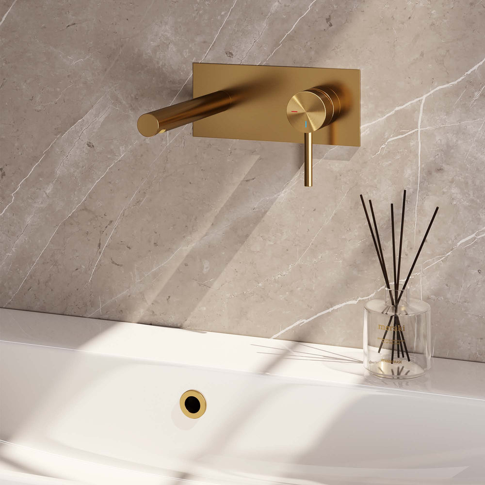 BRAUER Gold Carving inbouw wastafelmengkraan met rechte uitloop en afdekplaat model A1 goud geborsteld PVD 5-GG-004-S6