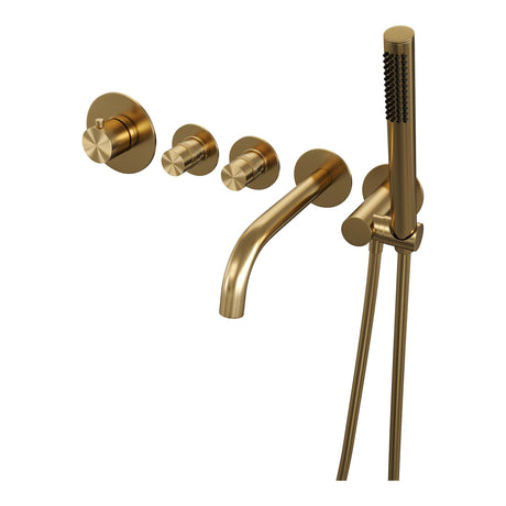 BRAUER Gold Edition thermostatische inbouw badkraan SET 01 met uitloop en staaf handdouche en doucheslang en wandaansluitbocht goud geborsteld PVD