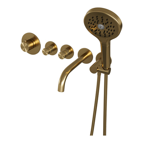 BRAUER Gold Edition thermostatische inbouw badkraan SET 02 met uitloop en 3-standen handdouche en doucheslang en wandaansluitbocht goud geborsteld PVD