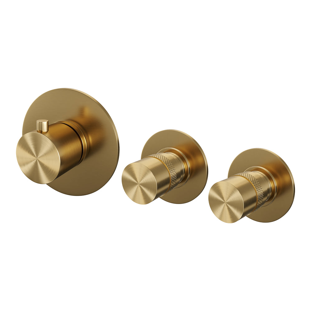 BRAUER Gold Edition thermostatische inbouw badkraan SET 02 met uitloop en 3-standen handdouche en doucheslang en wandaansluitbocht goud geborsteld PVD