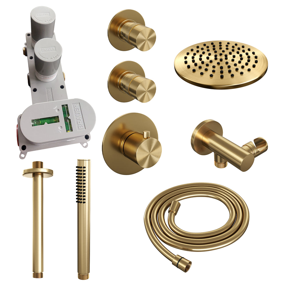 BRAUER Gold Edition thermostatische inbouw regendouche SET 05 met 20 cm douchekop en plafondarm en staaf handdouche en doucheslang en wandaansluitbocht goud geborsteld PVD