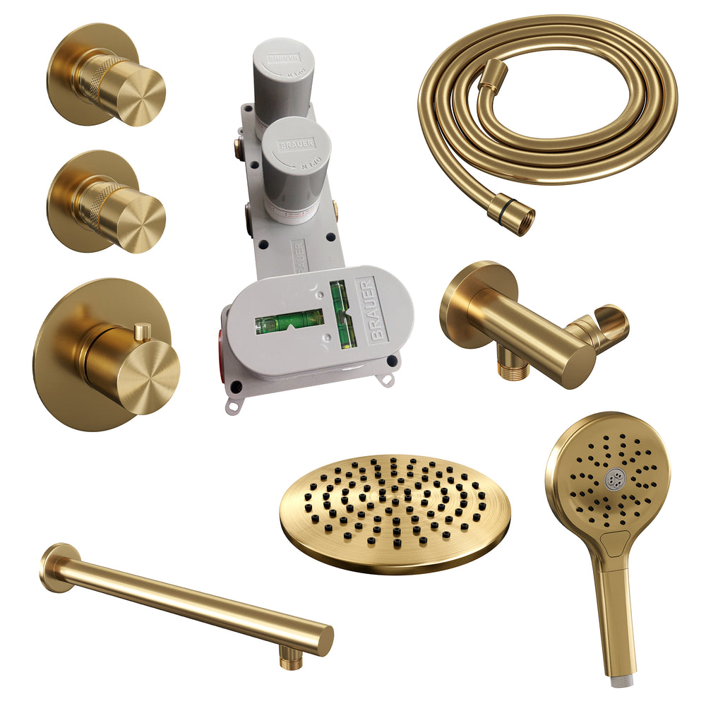 BRAUER Gold Edition thermostatische inbouw regendouche SET 07 met 20 cm douchekop en rechte muurarm en 3-standen handdouche en doucheslang en wandaansluitbocht goud geborsteld PVD