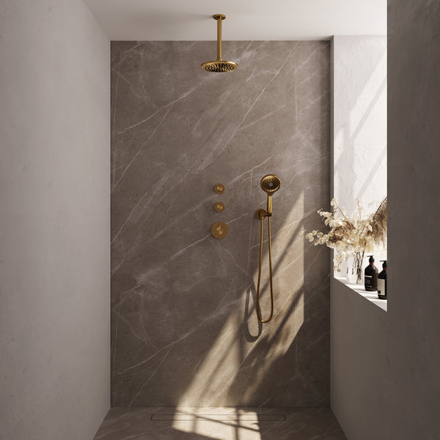 BRAUER Gold Edition thermostatische inbouw regendouche SET 11 met 20 cm douchekop en plafondarm en 3-standen handdouche en doucheslang en wandaansluitbocht goud geborsteld PVD