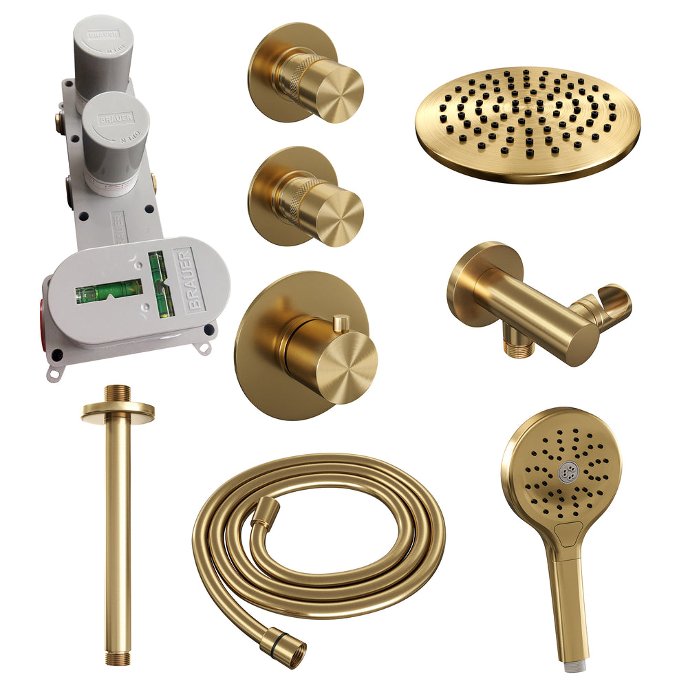 BRAUER Gold Edition thermostatische inbouw regendouche SET 11 met 20 cm douchekop en plafondarm en 3-standen handdouche en doucheslang en wandaansluitbocht goud geborsteld PVD