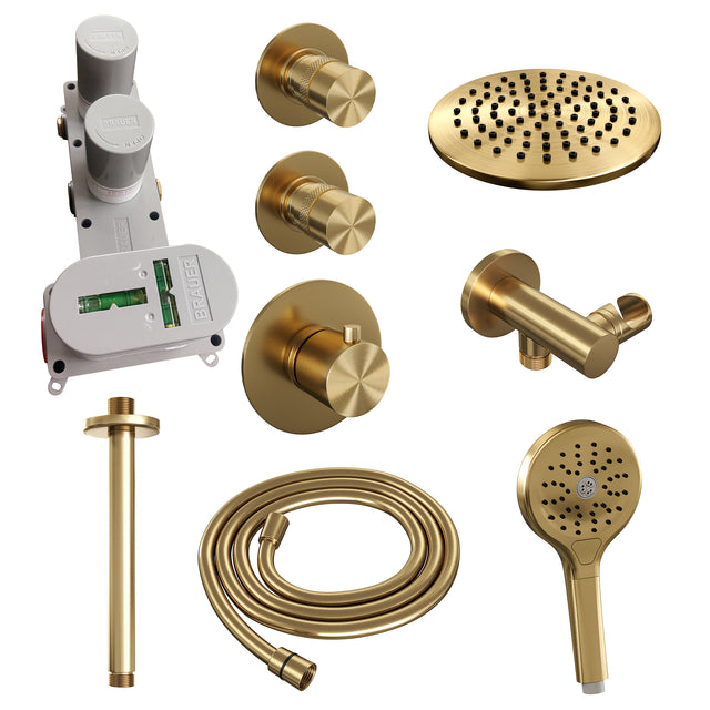 BRAUER Gold Edition thermostatische inbouw regendouche SET 11 met 20 cm douchekop en plafondarm en 3-standen handdouche en doucheslang en wandaansluitbocht goud geborsteld PVD