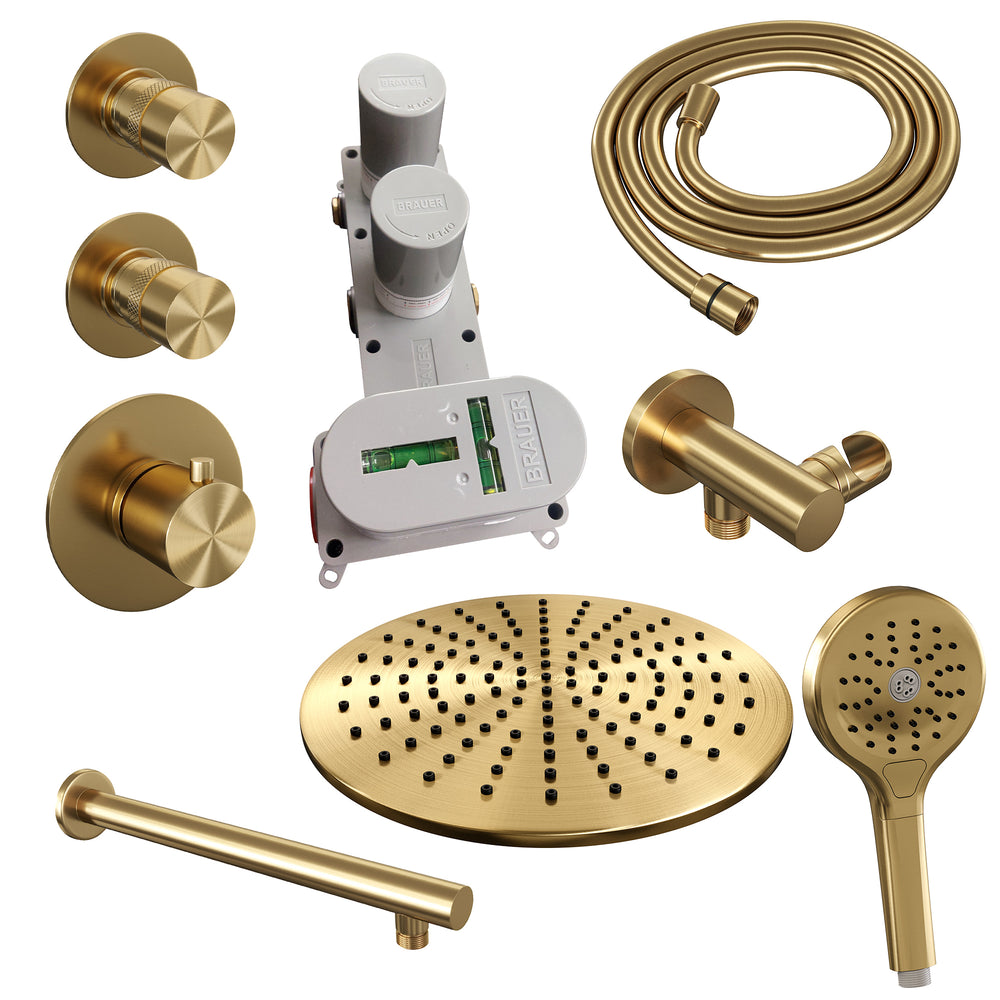 BRAUER Gold Edition thermostatische inbouw regendouche SET 08 met 30 cm douchekop en rechte muurarm en 3-standen handdouche en doucheslang en wandaansluitbocht goud geborsteld PVD