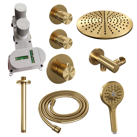 BRAUER Gold Edition thermostatische inbouw regendouche SET 12 met 30 cm douchekop en plafondarm en 3-standen handdouche en doucheslang en wandaansluitbocht goud geborsteld PVD