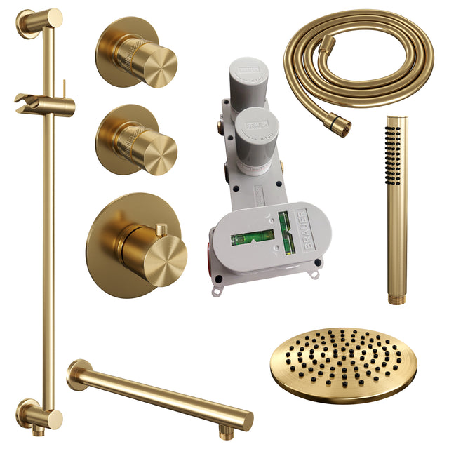 BRAUER Gold Edition thermostatische inbouw regendouche SET 13 met 20 cm douchekop en rechte muurarm en staaf handdouche en doucheslang en geïntegreerde glijstang goud geborsteld PVD