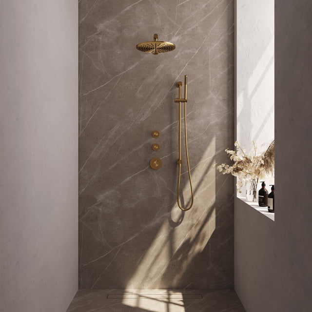 BRAUER Gold Edition thermostatische inbouw regendouche SET 14 met 30 cm douchekop en rechte muurarm en staaf handdouche en doucheslang en geïntegreerde glijstang goud geborsteld PVD