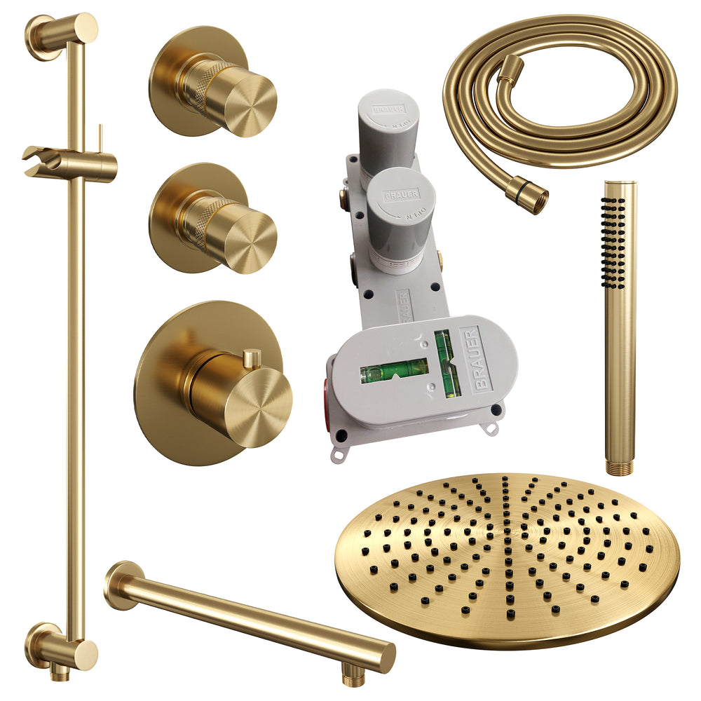 BRAUER Gold Edition thermostatische inbouw regendouche SET 14 met 30 cm douchekop en rechte muurarm en staaf handdouche en doucheslang en geïntegreerde glijstang goud geborsteld PVD