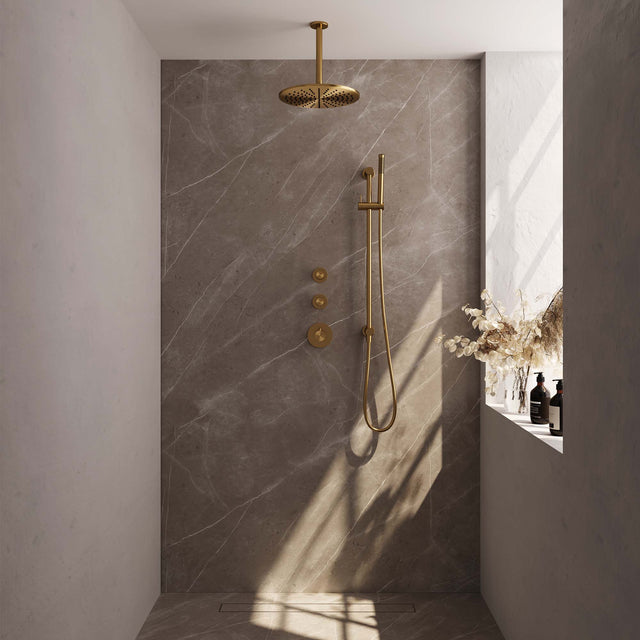 BRAUER Gold Edition thermostatische inbouw regendouche SET 18 met 30 cm douchekop en plafondarm en staaf handdouche en doucheslang en geïntegreerde glijstang goud geborsteld PVD