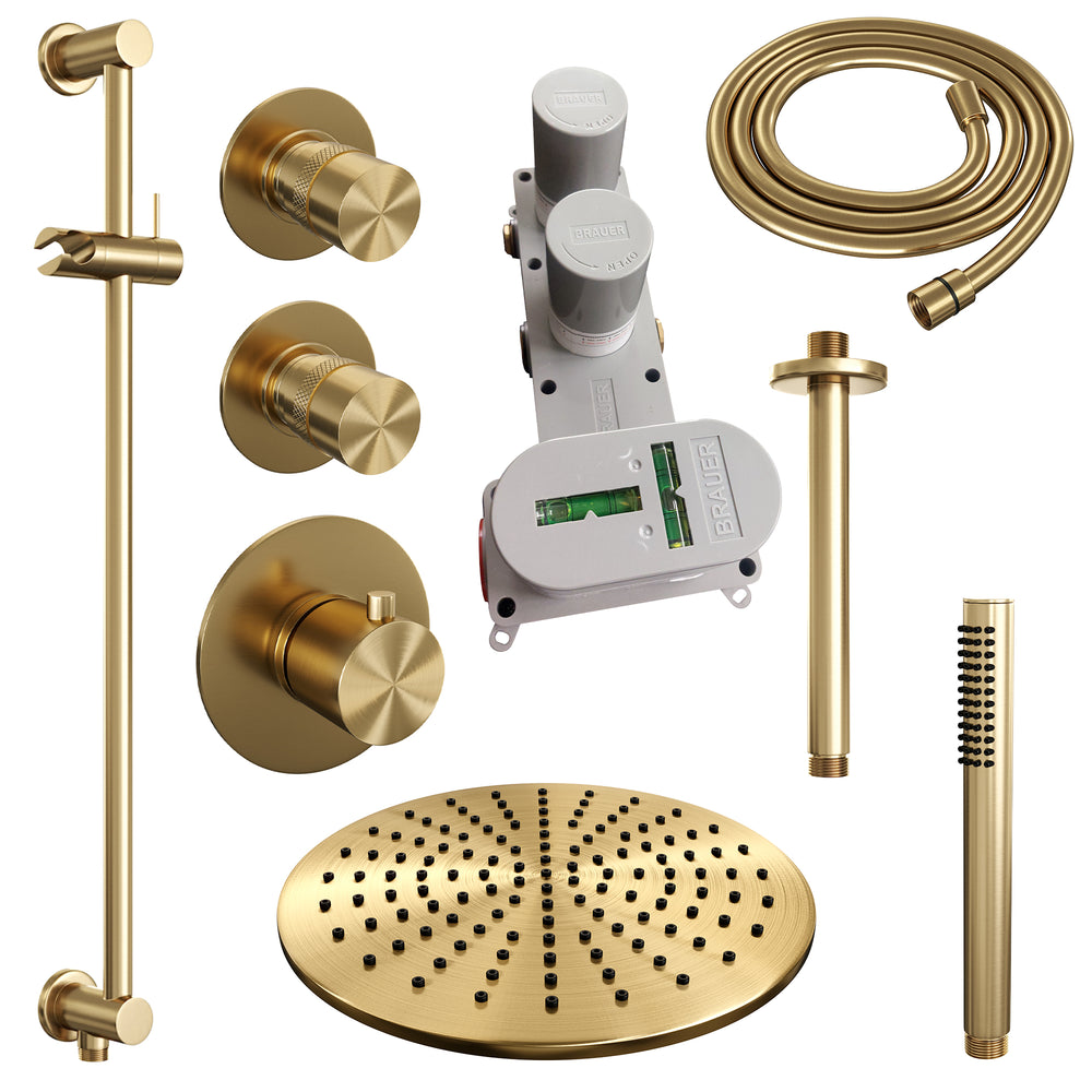 BRAUER Gold Edition thermostatische inbouw regendouche SET 18 met 30 cm douchekop en plafondarm en staaf handdouche en doucheslang en geïntegreerde glijstang goud geborsteld PVD