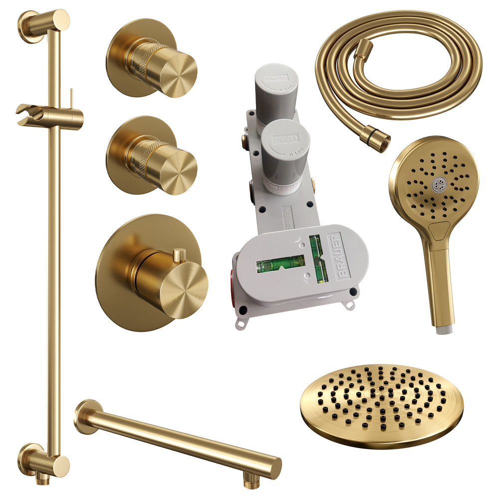 BRAUER Gold Edition thermostatische inbouw regendouche SET 19 met 20 cm douchekop en rechte muurarm en 3-standen handdouche en doucheslang en geïntegreerde glijstang goud geborsteld PVD