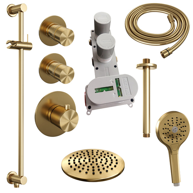 BRAUER Gold Edition thermostatische inbouw regendouche SET 23 met 20 cm douchekop en plafondarm en 3-standen handdouche en doucheslang en geïntegreerde glijstang goud geborsteld PVD