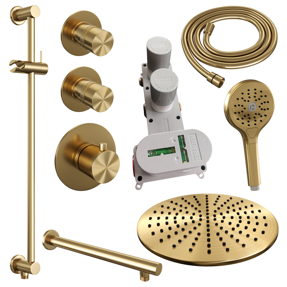 BRAUER Gold Edition thermostatische inbouw regendouche SET 20 met 30 cm douchekop en rechte muurarm en 3-standen handdouche en doucheslang en geïntegreerde glijstang goud geborsteld PVD