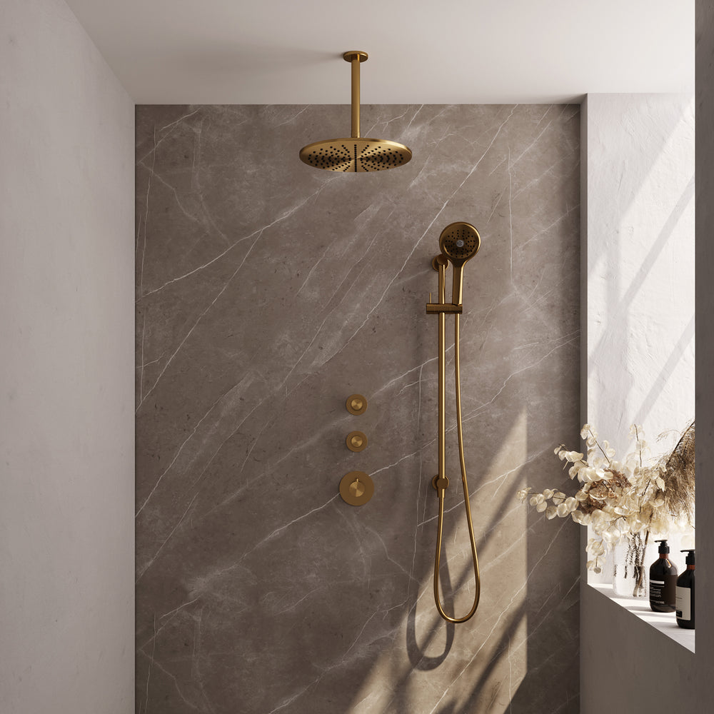 BRAUER Gold Edition thermostatische inbouw regendouche SET 24 met 30 cm douchekop en plafondarm en 3-standen handdouche en doucheslang en geïntegreerde glijstang goud geborsteld PVD