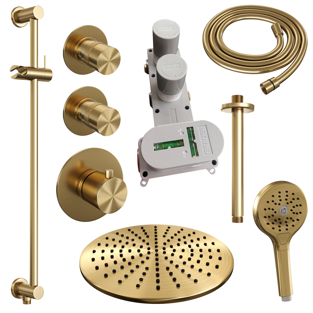 BRAUER Gold Edition thermostatische inbouw regendouche SET 24 met 30 cm douchekop en plafondarm en 3-standen handdouche en doucheslang en geïntegreerde glijstang goud geborsteld PVD