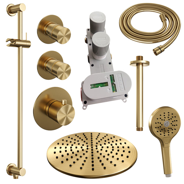 BRAUER Gold Edition thermostatische inbouw regendouche SET 24 met 30 cm douchekop en plafondarm en 3-standen handdouche en doucheslang en geïntegreerde glijstang goud geborsteld PVD