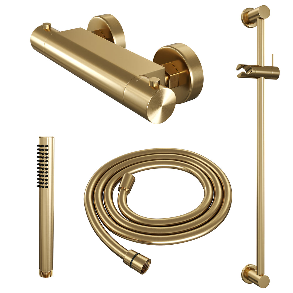 BRAUER Gold Edition opbouw douche thermostaatkraan SET 01 met glijstang en staaf handdouche en doucheslang goud geborsteld PVD