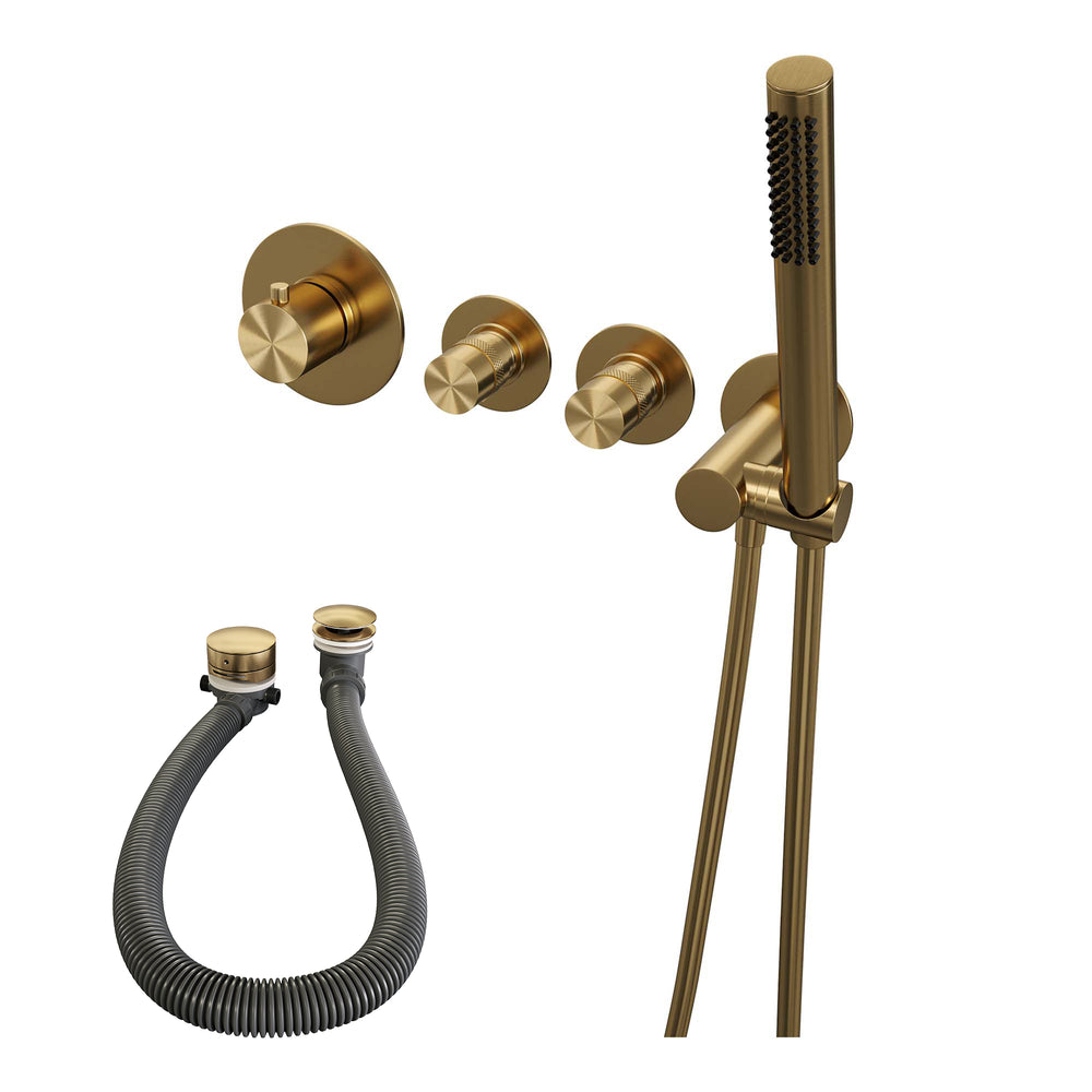 BRAUER Gold Edition thermostatische inbouw badkraan SET 01 met badvulcombinatie en staaf handdouche en doucheslang en wandaansluitbocht goud geborsteld PVD