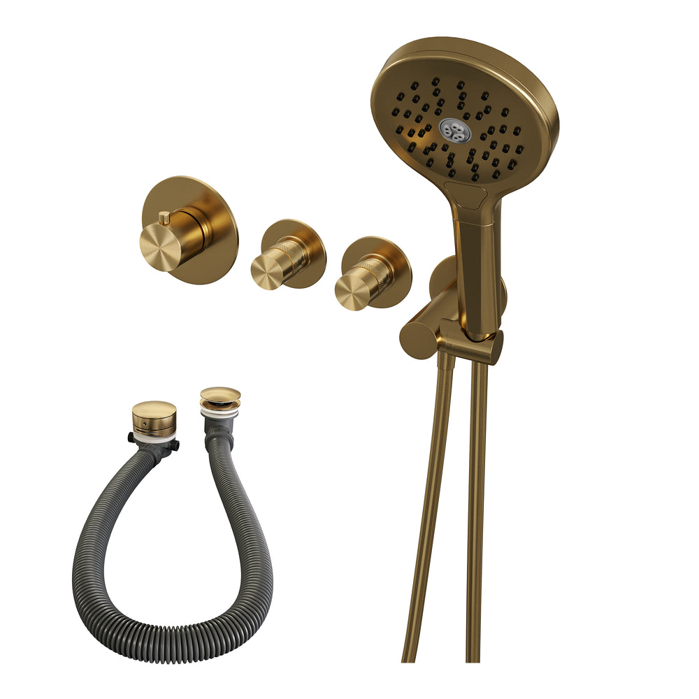 BRAUER Gold Edition thermostatische inbouw badkraan SET 02 met badvulcombinatie en 3-standen handdouche en doucheslang en wandaansluitbocht goud geborsteld PVD