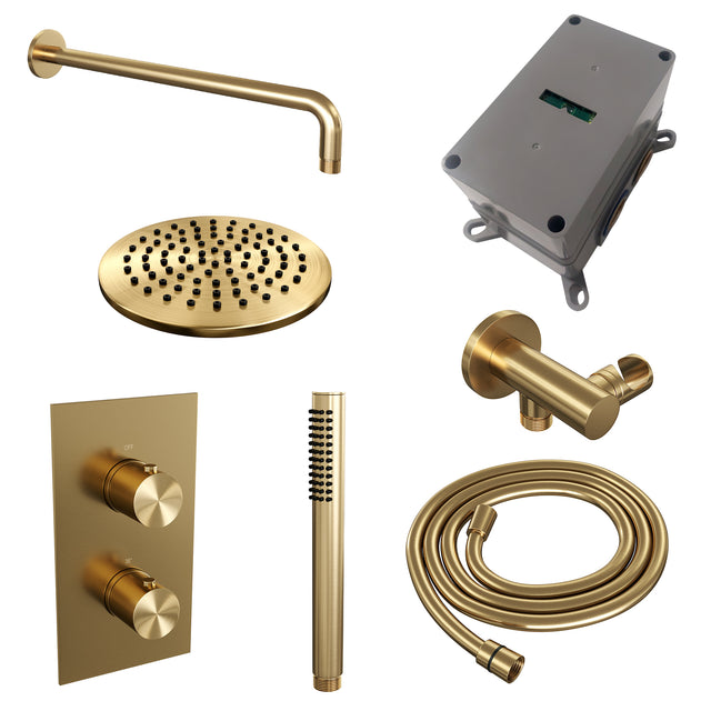 BRAUER Gold Edition thermostatische inbouw regendouche 3-weg omstelling SET 27 met 20 cm douchekop en gebogen muurarm en staaf handdouche en doucheslang en wandaansluitbocht goud geborsteld PVD