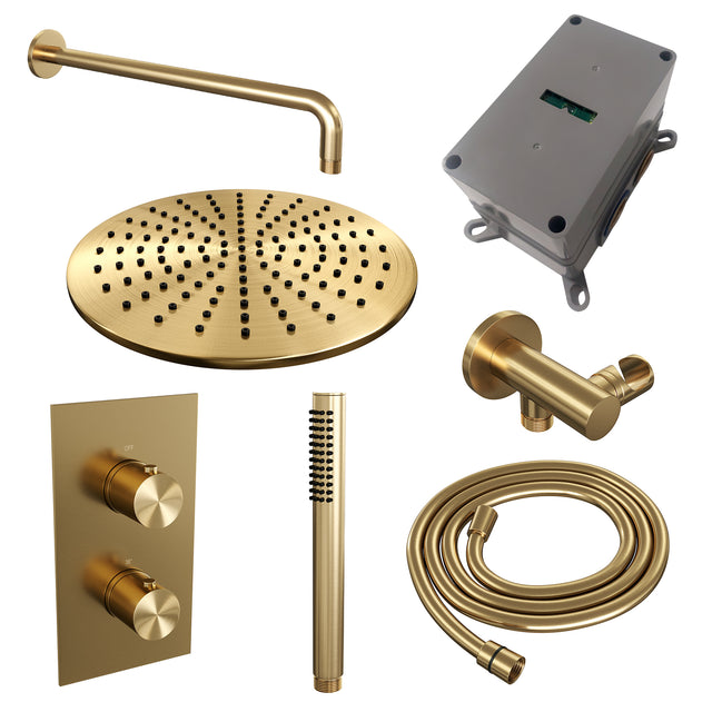 BRAUER Gold Edition thermostatische inbouw regendouche 3-weg omstelling SET 28 met 30 cm douchekop en gebogen muurarm en staaf handdouche en doucheslang en wandaansluitbocht goud geborsteld PVD