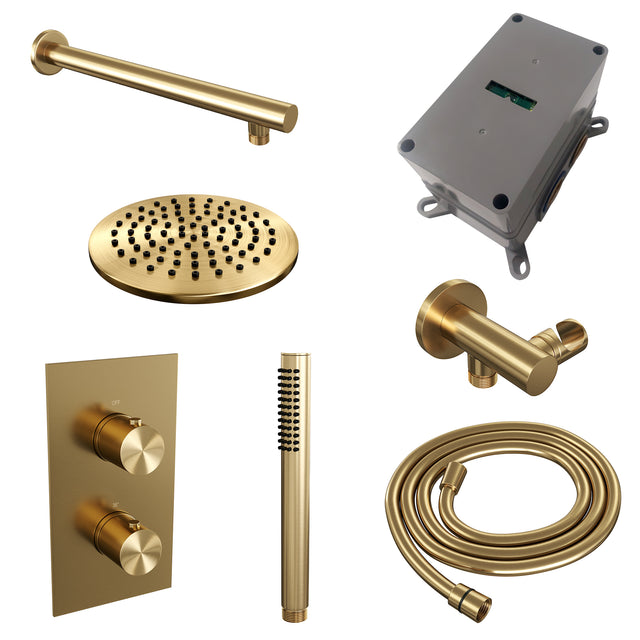 BRAUER Gold Edition thermostatische inbouw regendouche 3-weg omstelling SET 25 met 20 cm douchekop en rechte muurarm en staaf handdouche en doucheslang en wandaansluitbocht goud geborsteld PVD