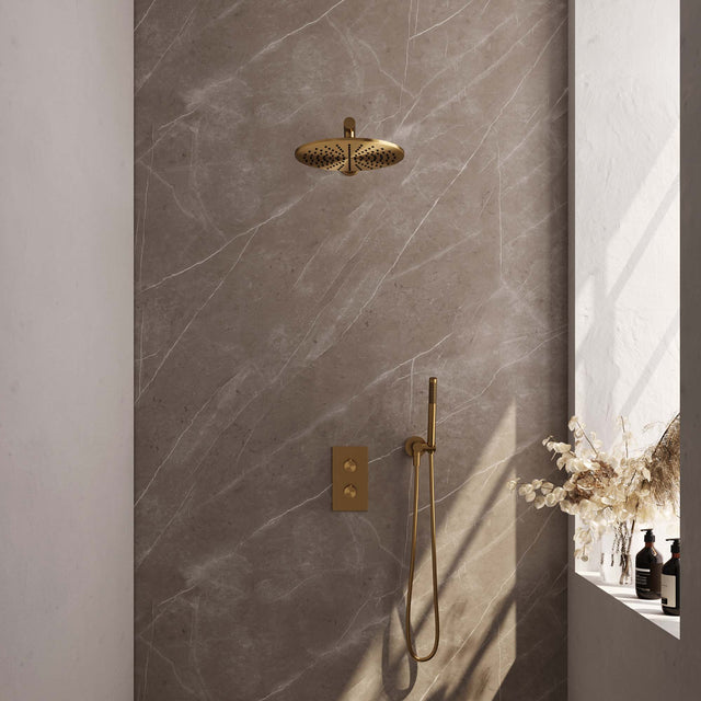 BRAUER Gold Edition thermostatische inbouw regendouche 3-weg omstelling SET 26 met 30 cm douchekop en rechte muurarm en staaf handdouche en doucheslang en wandaansluitbocht goud geborsteld PVD