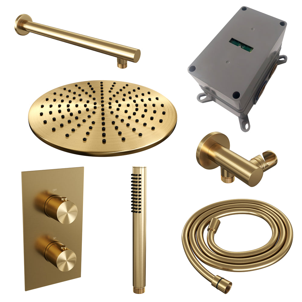 BRAUER Gold Edition thermostatische inbouw regendouche 3-weg omstelling SET 26 met 30 cm douchekop en rechte muurarm en staaf handdouche en doucheslang en wandaansluitbocht goud geborsteld PVD