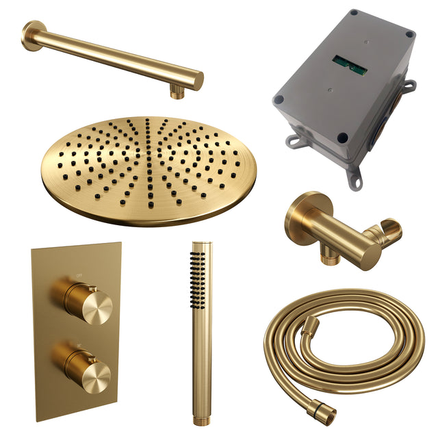 BRAUER Gold Edition thermostatische inbouw regendouche 3-weg omstelling SET 26 met 30 cm douchekop en rechte muurarm en staaf handdouche en doucheslang en wandaansluitbocht goud geborsteld PVD