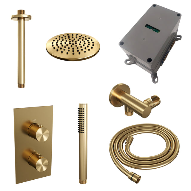 BRAUER Gold Edition thermostatische inbouw regendouche 3-weg omstelling SET 29 met 20 cm douchekop en plafondarm en staaf handdouche en doucheslang en wandaansluitbocht goud geborsteld PVD