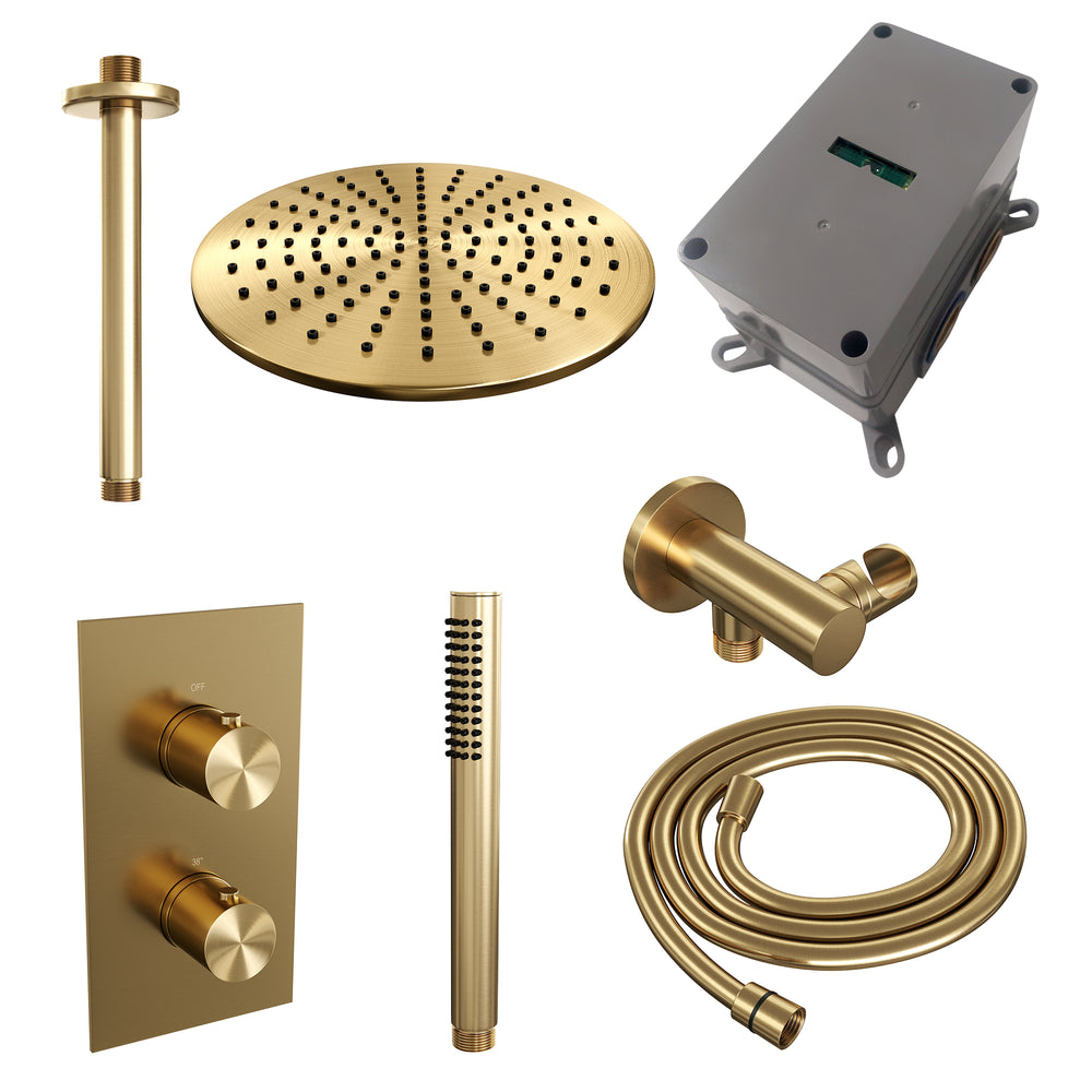 BRAUER Gold Edition thermostatische inbouw regendouche 3-weg omstelling SET 30 met 30 cm douchekop en plafondarm en staaf handdouche en doucheslang en wandaansluitbocht goud geborsteld PVD