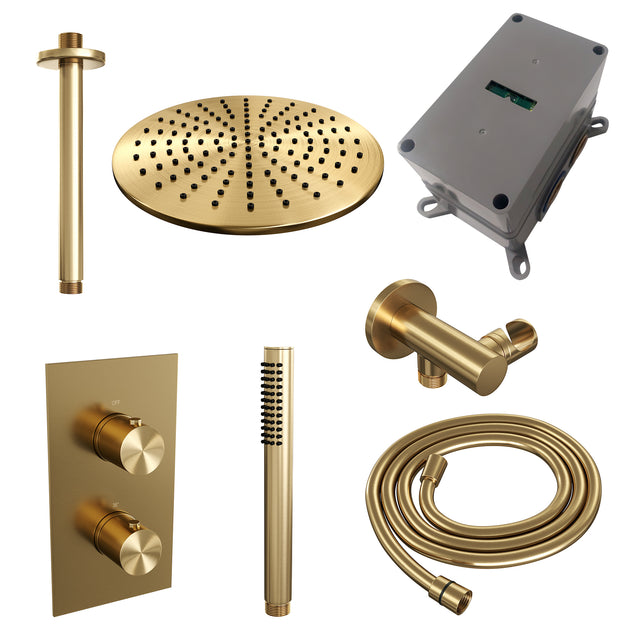 BRAUER Gold Edition thermostatische inbouw regendouche 3-weg omstelling SET 30 met 30 cm douchekop en plafondarm en staaf handdouche en doucheslang en wandaansluitbocht goud geborsteld PVD