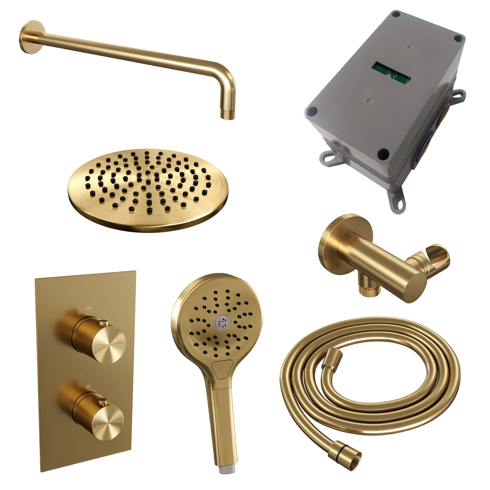 BRAUER Gold Edition thermostatische inbouw regendouche 3-weg omstelling SET 33 met 20 cm douchekop en gebogen muurarm en 3-standen handdouche en doucheslang en wandaansluitbocht goud geborsteld PVD