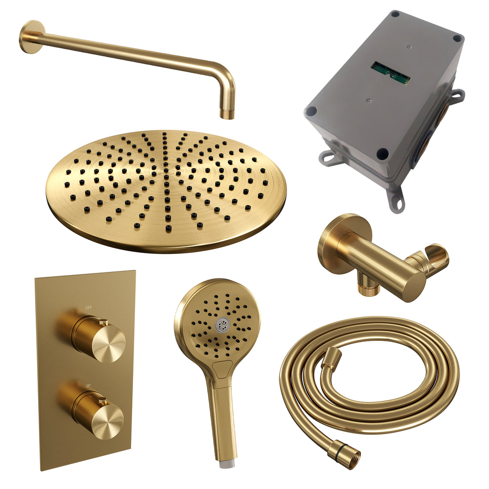 BRAUER Gold Edition thermostatische inbouw regendouche 3-weg omstelling SET 34 met 30 cm douchekop en gebogen muurarm en 3-standen handdouche en doucheslang en wandaansluitbocht goud geborsteld PVD