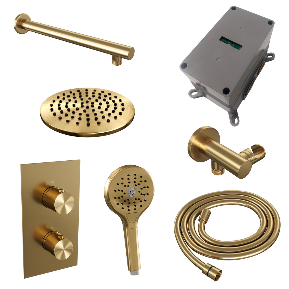 BRAUER Gold Edition thermostatische inbouw regendouche 3-weg omstelling SET 31 met 20 cm douchekop en rechte muurarm en 3-standen handdouche en doucheslang en wandaansluitbocht goud geborsteld PVD