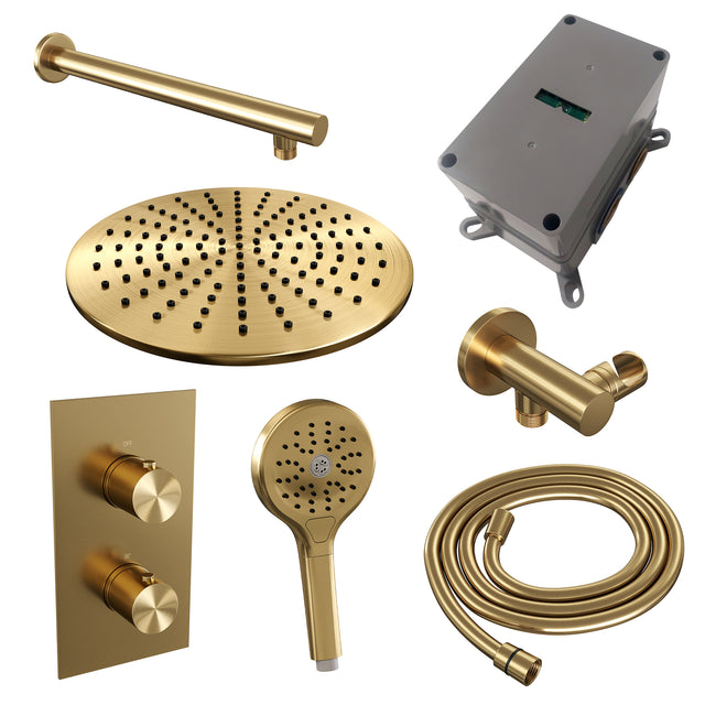 BRAUER Gold Edition thermostatische inbouw regendouche 3-weg omstelling SET 32 met 30 cm douchekop en rechte muurarm en 3-standen handdouche en doucheslang en wandaansluitbocht goud geborsteld PVD