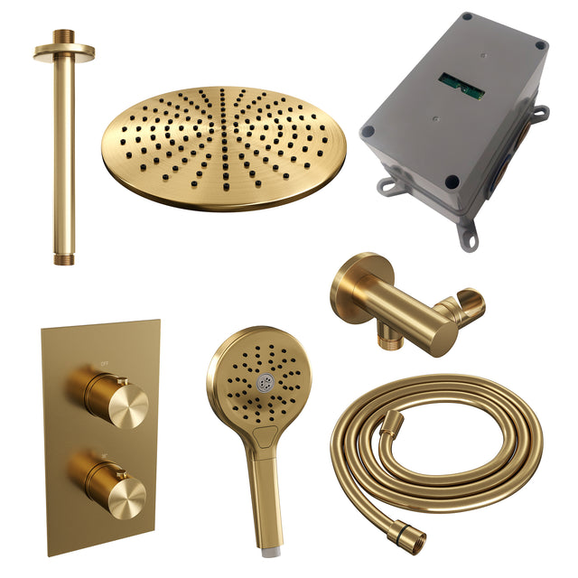 BRAUER Gold Edition thermostatische inbouw regendouche 3-weg omstelling SET 36 met 30 cm douchekop en plafondarm en 3-standen handdouche en doucheslang en wandaansluitbocht goud geborsteld PVD