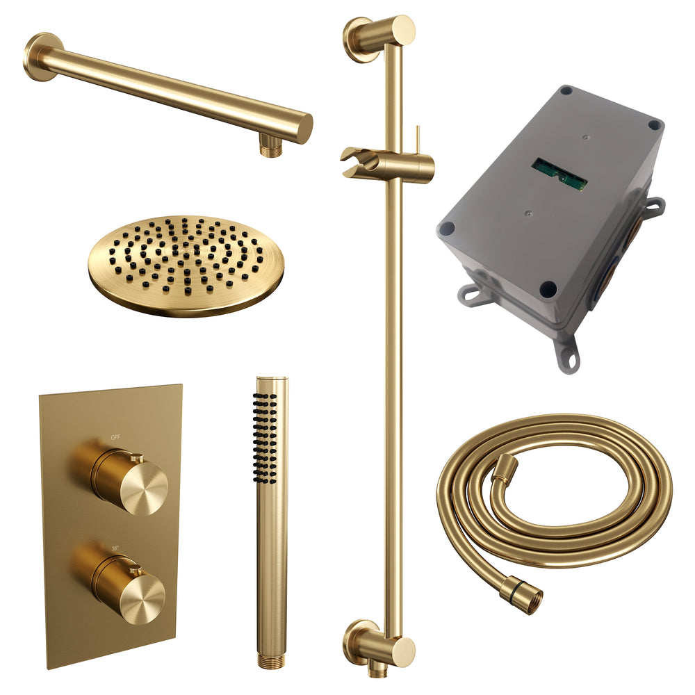 BRAUER Gold Edition thermostatische inbouw regendouche 3-weg omstelling SET 37 met 20 cm douchekop en rechte muurarm en staaf handdouche en doucheslang en geïntegreerde glijstang goud geborsteld PVD