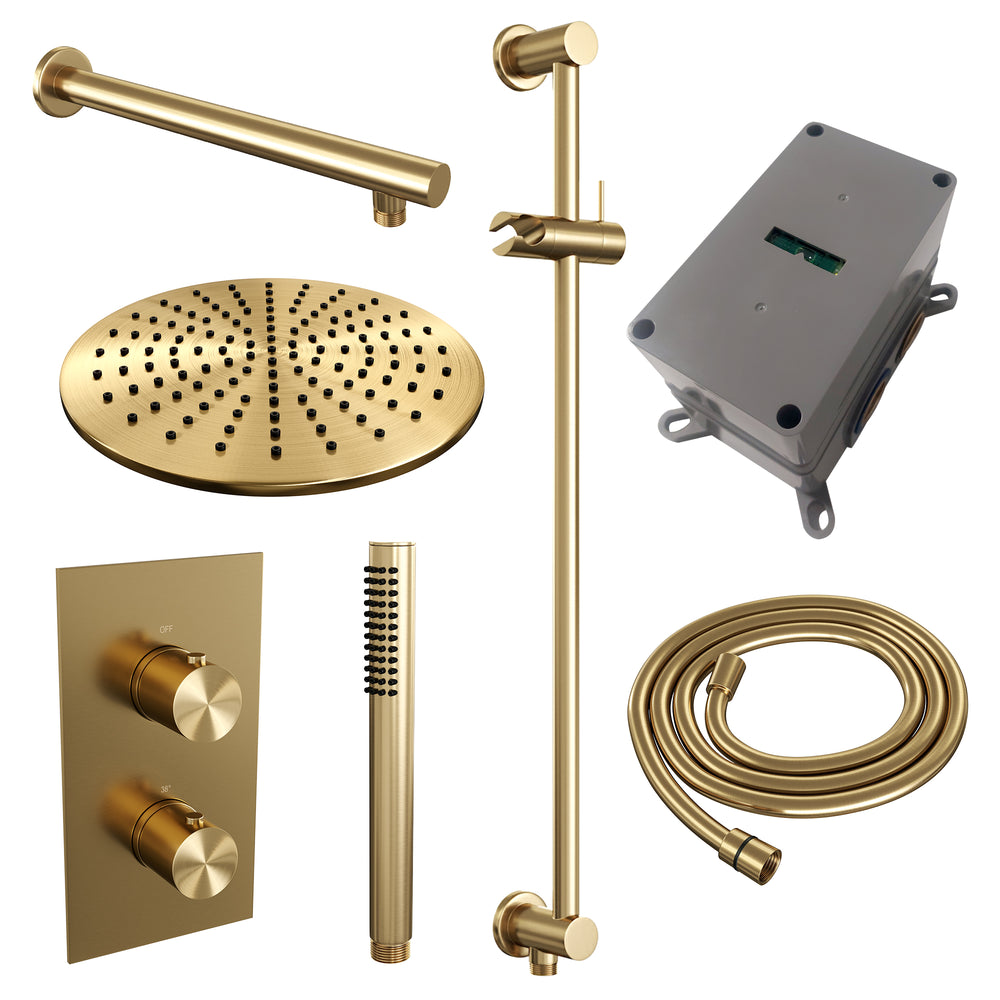 BRAUER Gold Edition thermostatische inbouw regendouche 3-weg omstelling SET 38 met 30 cm douchekop en rechte muurarm en staaf handdouche en doucheslang en geïntegreerde glijstang goud geborsteld PVD